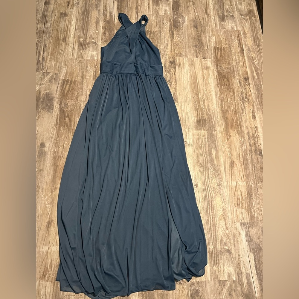 crisscross high-neck mesh bridesmaid dress